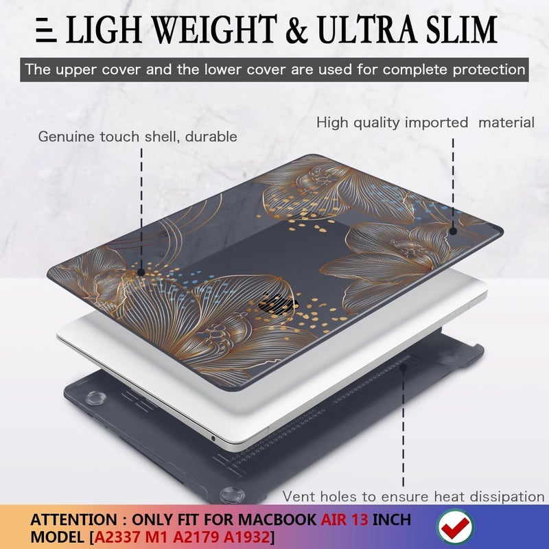 CISSOOK for MacBook Air 13 inch Case 2021 2020 2019 2018 Model M1 A2337 A2179 A1932, Black Hard Shell Case & Keyboard Cover & Screen Protector for MacBook Air 13 with Touch ID, Gorgeous Gold Floral - Image 4